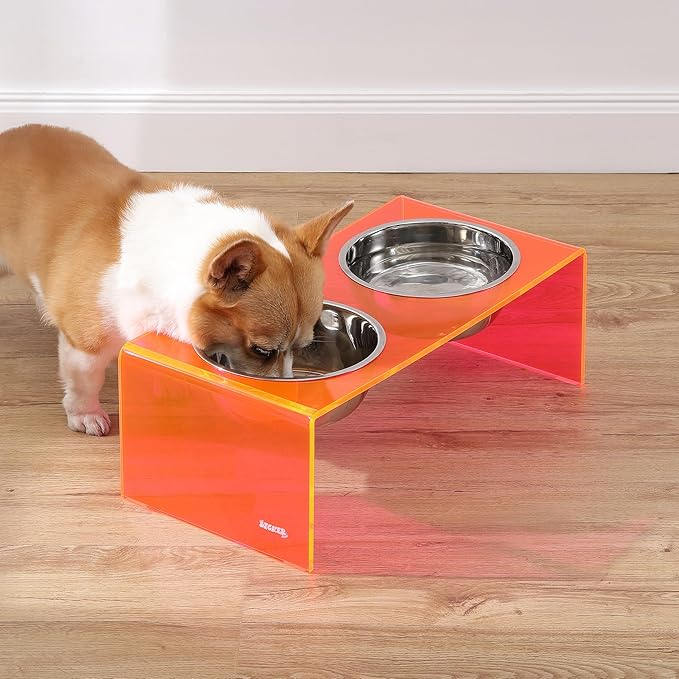 THE LICKER Store DBL2001E Keaton 7.5" Medium/Large Modern Acrylic Rectangular Elevated Pet Feeder with 54oz 2-Stainless Steel Bowls, Pink/Chrome