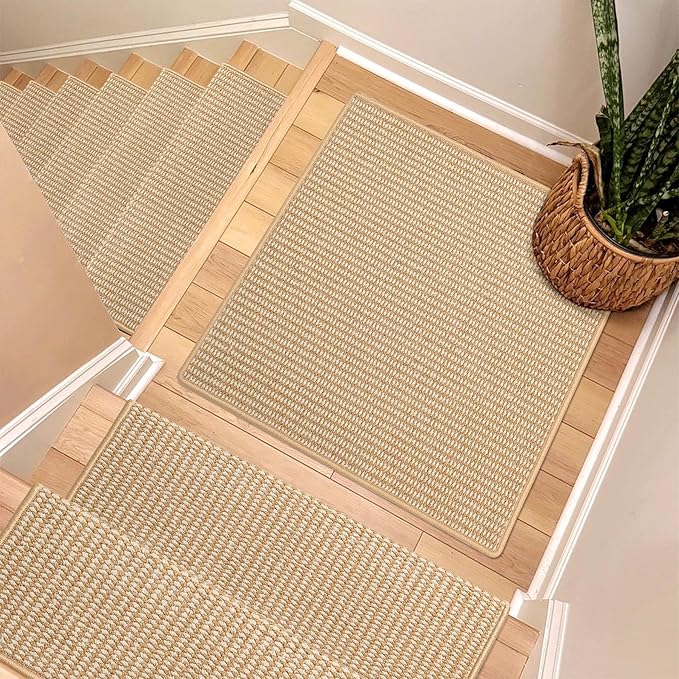 Brakki Bullnose Carpet Stair Treads, Non Slip Landing Mat for Wooden Steps Indoor, Soft Stair Rugs for Pets, Indoor Doormat for Kitchen Bathroom, Washable, 30"x30" 1pc, Beige and Cream