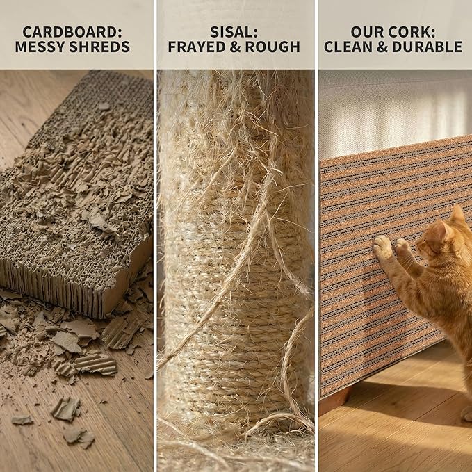 Self-Adhesive Cork Cat Scratcher Mat for Couch, 40x12 Inch Cut-to-Size Furniture Protector, No Mess Shed-Resistant Cat Scratch Pad, Removable Sticky Protector for Indoor Cats