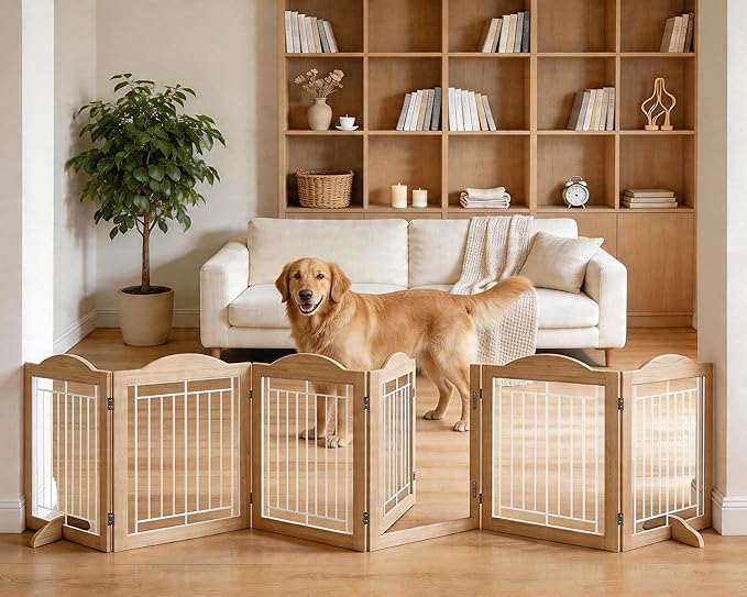Vantas Folding No-Assembly Dog Door Pet Gate 144" Wide, 30" Tall Wooden Dog Gate with Door Walk Through, Freestanding Wire Safety Fence for Puppies, with 2PCS Support - Natural White