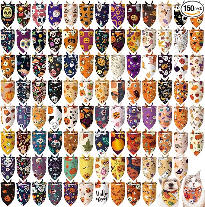 Huhumy 150 Pcs Halloween Dog Bandanas Bulk Pet Bibs Colorful Triangle Scarf Pet Bandanas for Medium Large Dogs Halloween Party Costume Decor