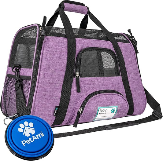PetAmi Airline Approved Pet Carrier for Cats & Small Dogs, Soft Sided TSA Travel Carrier Bag with Sherpa Bed, Breathable Mesh Ventilation, Collapsible Bowl, Up to 18 lbs, Large Heather Purple