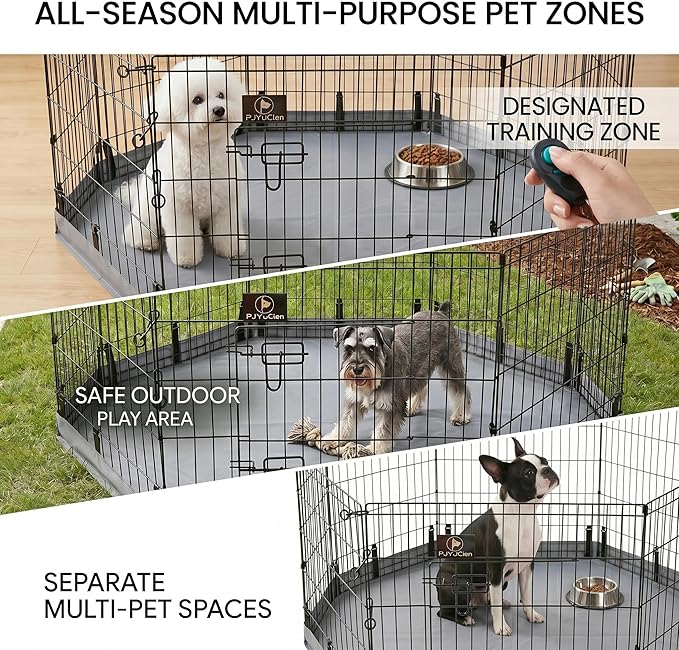 PJYuCien Octagonal Dog Playpen with Bottom Pad - Metal Foldable Exercise Pen, 8 Panels 30" H x 24" W Indoor Outdoor Pet Fence Puppy Crate Kennel, Gray