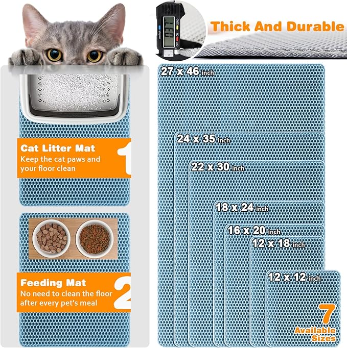 Waterproof Cat Litter Mat, Double Layer EVA, Odor-Free Large Grid, Urine Proof, Easy Cleanup (Blue, 18 x 24)