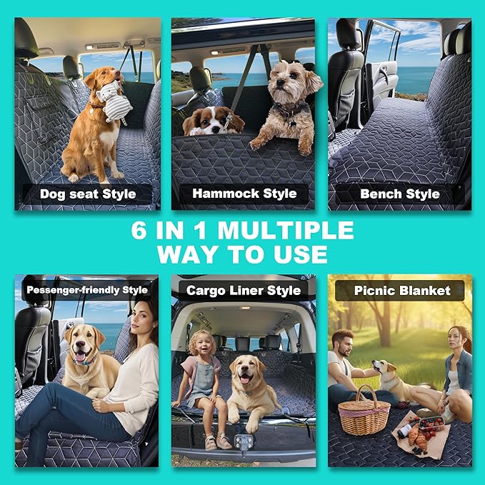 Meginc 4 in 1 Dog Car Seat Cover for Back Seat, Durable 600D Dog Hammock with Mesh Window & Side Flaps, Pet Car Seat Protector for Cars, SUVs &Mid Truck