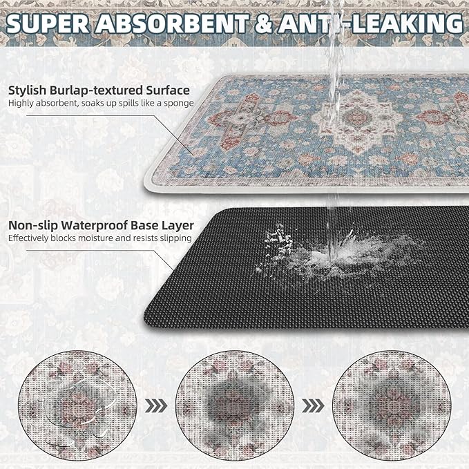 PUPTECK Dog Food Mat, Absorbent Pet Feeding Bowl Mat, Non-Slip Dog Mat for Food and Water, Quick Dry No Stains Cat Placemats Pet Supplies for Messy Drinkers, Blue 16"x24"
