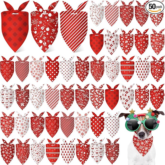 Abbylike 50 Pcs White and Red Dog Bandanas Bulk Polka Dots Stripes Snowflake Bandanas for Dog Triangle Kerchief Bibs Scarf for Pet Party Costume Photo Props Accessories, 25 Styles (25.6 x 17.7 x 17.7)