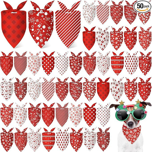 Abbylike 50 Pcs White and Red Dog Bandanas Bulk Polka Dots Stripes Snowflake Bandanas for Dog Triangle Kerchief Bibs Scarf for Pet Party Costume Photo Props Accessories, 25 Styles (25.6 x 17.7 x 17.7)