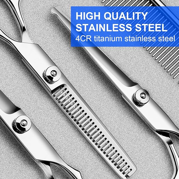 TINMARDA Dog Grooming Kit, Professional Stainless Steel Dog Grooming Scissors with Curved Shears, Blue Finger Rings - 4 Piece Sharp Durable Pet Shears for Dogs Cats At Home Salon-Quality Grooming