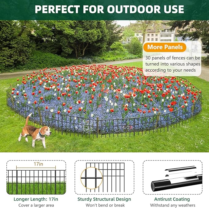 10 Panels Animal Barrier Fence, 14ft(L) x 13in(H) No Dig Garden Fence for Dog Rabbit, Rustproof Anti Digging Barrier, Garden Edging Border Ground Defense for Outdoor, Yard, Patio