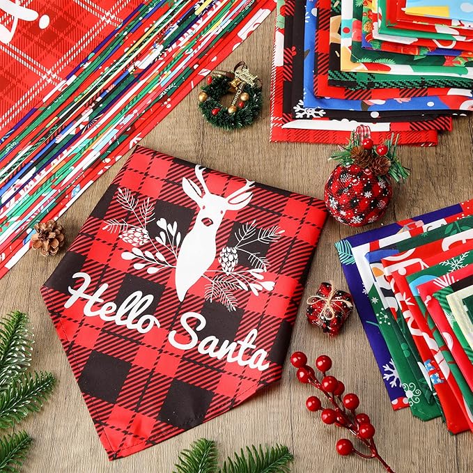 60 Pcs Christmas Dog Bandanas Bulk Xmas Cat Bibs Adjustable Dog Bibs Triangle Scarf Holiday Pet Costume for Small to Large Pet (Santa Pattern)