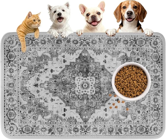 PUPTECK Dog Food Mat, Absorbent Pet Feeding Bowl Mat, Non-Slip Dog Mat for Food and Water, Quick Dry No Stains Cat Placemats Pet Supplies for Messy Drinkers, Grey 16"x24"