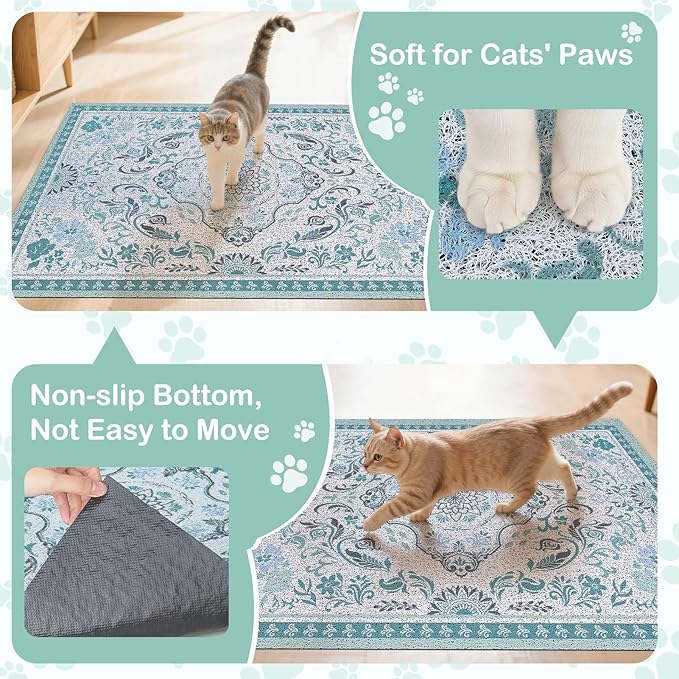Cat Litter Mat Trapping Rug 33"x22", Large Litter Box Mat for Floor, Non-Slip Waterproof Backing, Soft Mesh Easy to Clean Pet Mat for Cat Blue Green