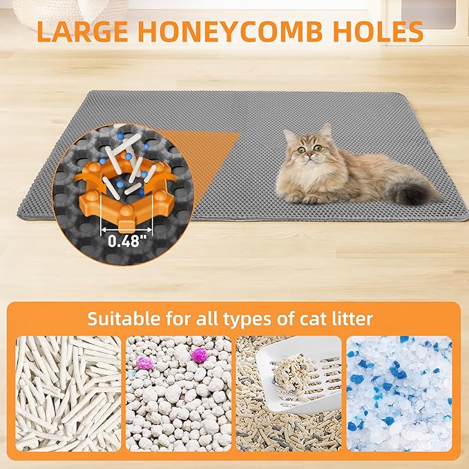 Cat Litter Mat for Litter Box, 30"21" Large Double Layer Trapping Cat Mat, Easy-Clean Scatter Non-Slip Kitty Litter Mat, Grey