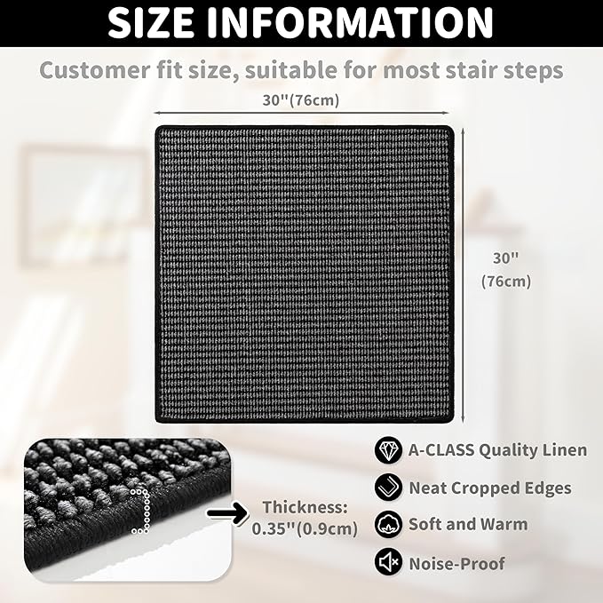 Brakki Bullnose Carpet Stair Treads, Non Slip Landing Mat for Wooden Steps Indoor, Soft Stair Rugs for Pets, Indoor Doormat for Kitchen Bathroom, Washable, 30"x30" 1pc, Black and Grey