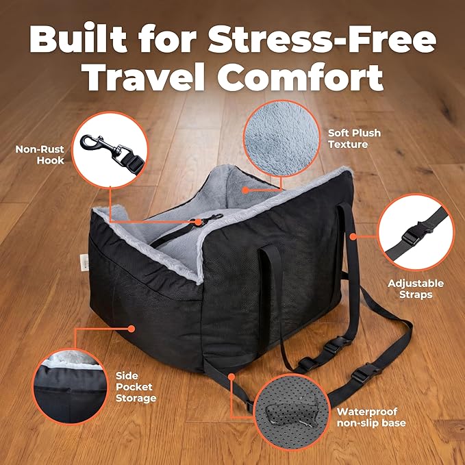 Best Pet Supplies Elevated Dog Car Seat for Small Dogs, Booster Seat with Safety Tether & Storage, Washable Travel Pet Seat for Front or Back Seat, Up to 25 lbs - Black - 21 x 20 x 14