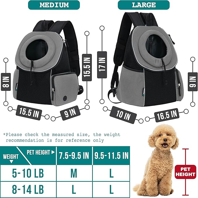 PetAmi Dog Carrier Backpack, Hands Free Front Pet Carrier for Small Cats Puppies, Adjustable Ventilated Reflective Pet Travel Bag for Hiking Camping Biking Walking, Up to 10 lbs, Gray