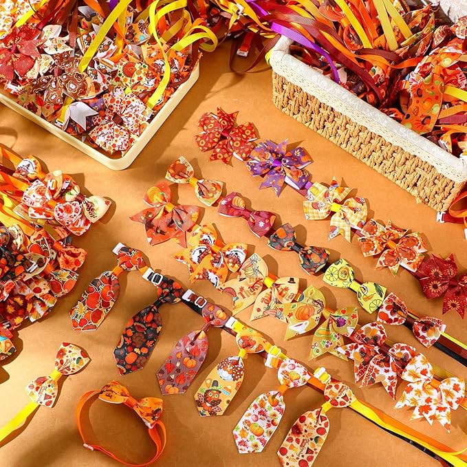 Aliceset 240 Pcs 4th of July Patriotic Dog Bows Tie Basic Collars Bulk Independence Day Red Blue White Pet Neckties for USA Memorial Day Dog Cat Pet Party Accessories(Thanksgiving)