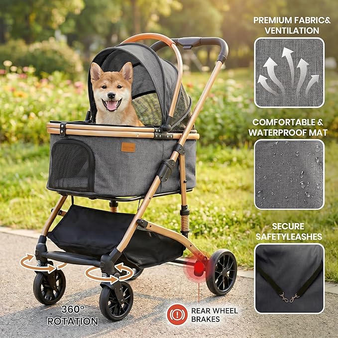 3-in-1 Dog Stroller with Rain Cover, Quick Foldable, Detachable Carrier & Car Seat, for Medium Dogs Cats Up to 50 lbs, Anti-Shock Solid Rubber Wheels, Grey