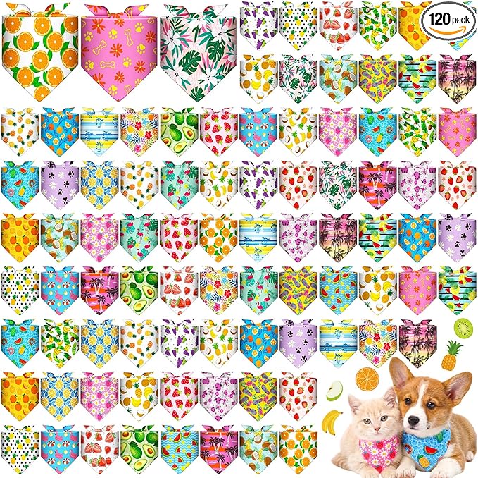 Youyole 120 Pcs Dog Bandana Bulks Fruits Dog Bandanas Summer Pet Scarf Soft Cat Triangle Scarfs Pet Bandana Flamingo Bibs for Small and Medium Breed Costume Accessories Decor