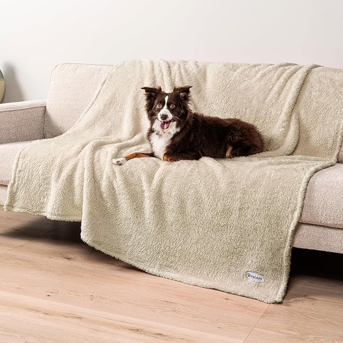 PetAmi Fluffy Waterproof Dog Blanket for Couch and Bed, Reversible Sherpa Pet Throw, Pee Proof Furniture Protector Sofa Cover, Washable Cat Blanket for Medium Large Dogs and Cats (Beige Cream, 90x90)