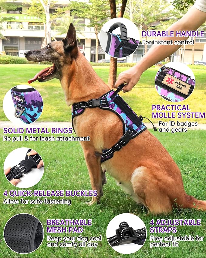 Hotsky Tactical Dog Harness No Pull，Adjustable Service Dog Vest Reflective Military Pet Harness with Control Handle Molle Loop Panels for Training Walking Running(Purple Camo, M)