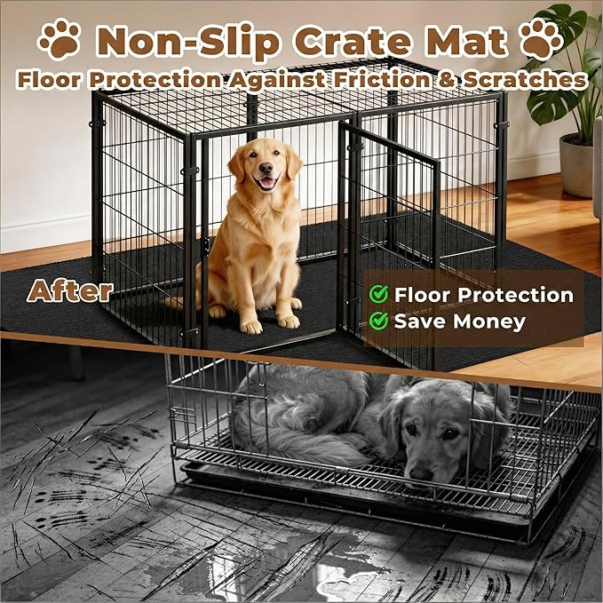 Dog Crate Mat, 46 in x 60 in Dog Playpen Mat Rubber Kennel Mat Extra Large Liner for Under Dog Crate cages, Absorbent Urine, Puppy Pee Pad Reusable Washable Floor Protector Waterproof Non-Slip Black