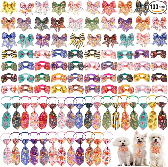Reginary 100 Pieces Dog Bow Tie Collar Set Include 40 Dog Neckties, and 30 Puppy Bowties, 30 Collar Flowers, Adjustable Pet Ties Grooming for Small Medium Cats Pets Supply(Flower)