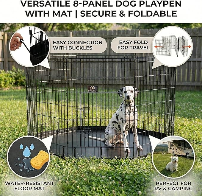 PJYuCien Octagonal Dog Playpen with Bottom Pad - Metal Foldable Exercise Pen, 8 Panels 42" H x 24" W Indoor Outdoor Pet Fence Puppy Crate Kennel, Black