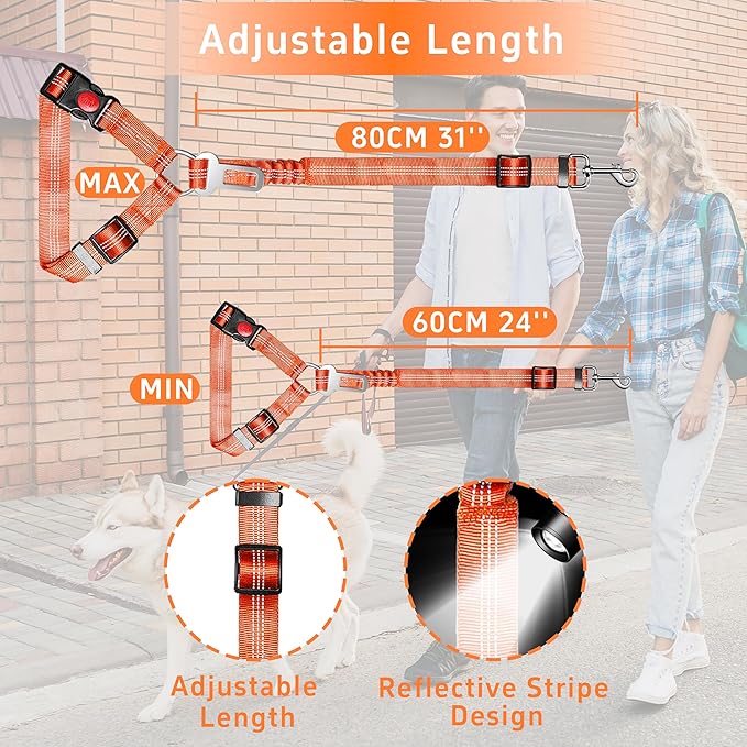 Seyezo 3-Piece Dog Car Harness Set - Retractable, Adjustable, Reflective Dog Seatbelt for Vehicle Headrests, Heavy Duty & High Elastic, Orange