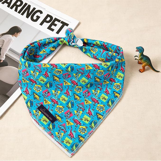 ARING PET Boy Dog Bandanas, Cute Blue Dinosaur Summer Pet Bandana Scarf Triangle Bib for Small Medium Large Male Dogs Cats, Puppy Kerchief for Daily Wear Outdoor Walks Travel Photoshoots-L
