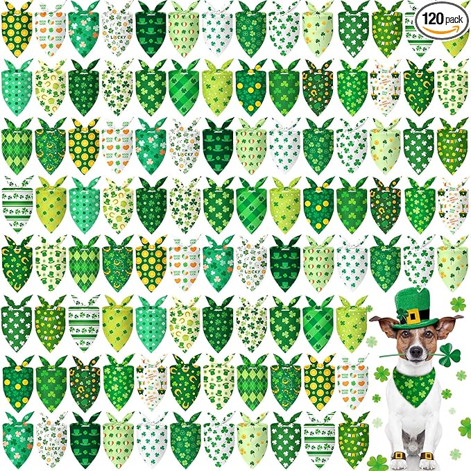 Chunful 120 Pcs St Patricks Day Bandanas Bulk for Dogs Adjustable Irish Shamrocks Clover Green Hat Plaid Triangle Soft Bibs Puppy Bandana for Small Medium Large Pet Costume(25.6 x 17.7 x 17.7 Inch)