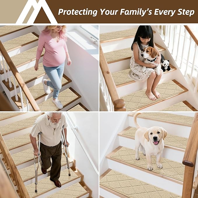 COSY HOMEER Stair Treads for Wooden Steps 9"x28",Washable Non Slip Peel and Stick Carpet Stair Treads with Reusable Residue Free Backing Soft Pet Friendly Stair Runner for Kids Elders,Warm Beige,7pcs