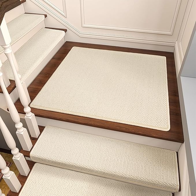 Brakki Bullnose Carpet Stair Treads, Non Slip Landing Mat for Wooden Steps Indoor, Soft Stair Rugs for Pets, Indoor Doormat for Kitchen Bathroom, Washable, 30"x30" 1pc, Cream White