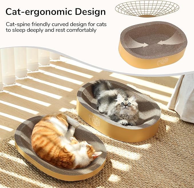 FUKUMARU 3PCS Cardboard Cat Scratcher, Durable Oval Cat Scratch Pad Bed Bowl for Indoor Cats, Round Cats Scratching Board with Kitten Scratcher Box, Couch Sofa Furniture Protector