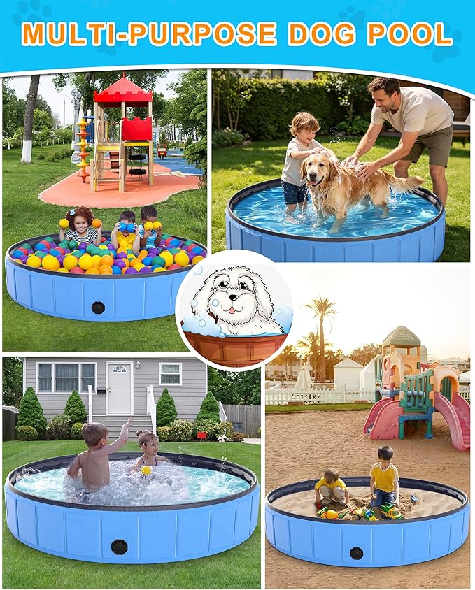 Instraella 120"x20" Dog Pool for Large Dogs, Heavy Duty Hard-Side Foldable Pet Pool, Non-Slip Collapsible Dog Bathing Tub with Drain, Portable Kiddie & Dog Swimming Pool for Outdoor & Indoor Use