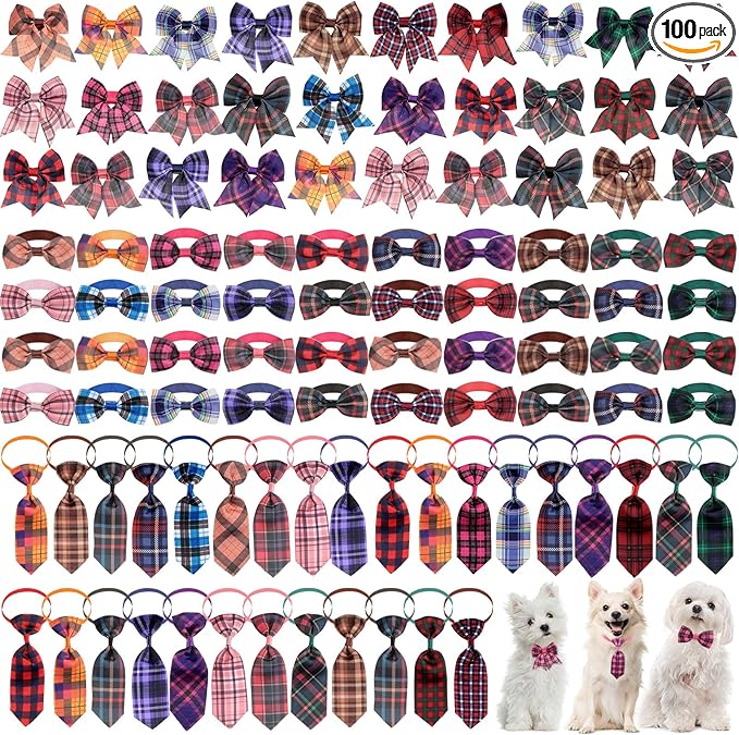 Reginary 100 Pieces Dog Bow Tie Collar Set Include 40 Dog Neckties, and 30 Puppy Bowties, 30 Collar Flowers, Adjustable Pet Ties Grooming for Small Medium Cats Pets Supply(Plaid)
