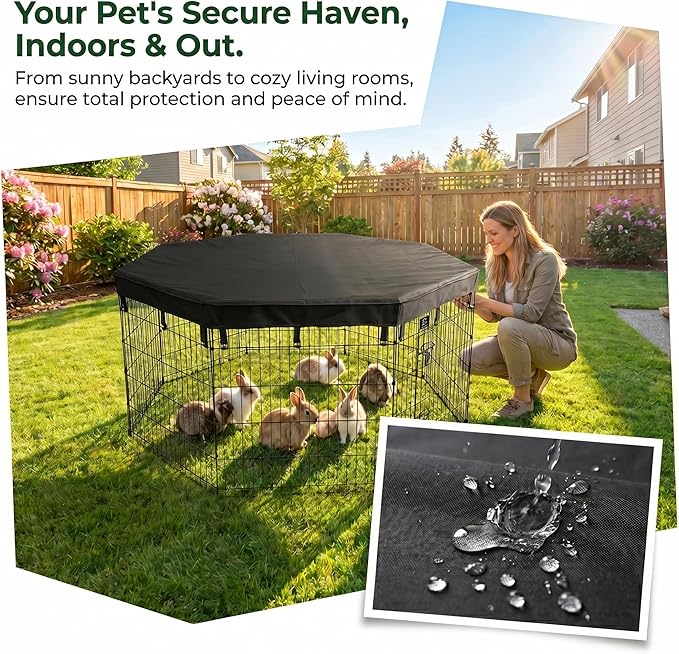 PJYuCien 2-in-1 Octagonal Dog Playpen Pad, 24" Side Waterproof Bottom Liner Escape-Proof Top Cover, 600D Oxford with Snap Hooks for Puppy Small Animals, Black