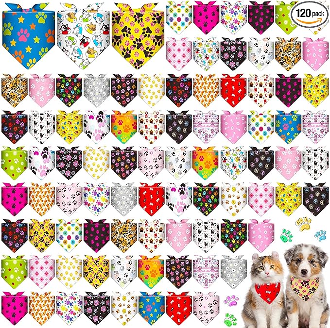 Youyole 120 Pcs Pet Party Dog Bandana Bulks Paws Dog Bandanas Summer Party Pet Scarf Soft Cat Triangle Scarves Bandana Cat Bibs for Small and Medium Breed