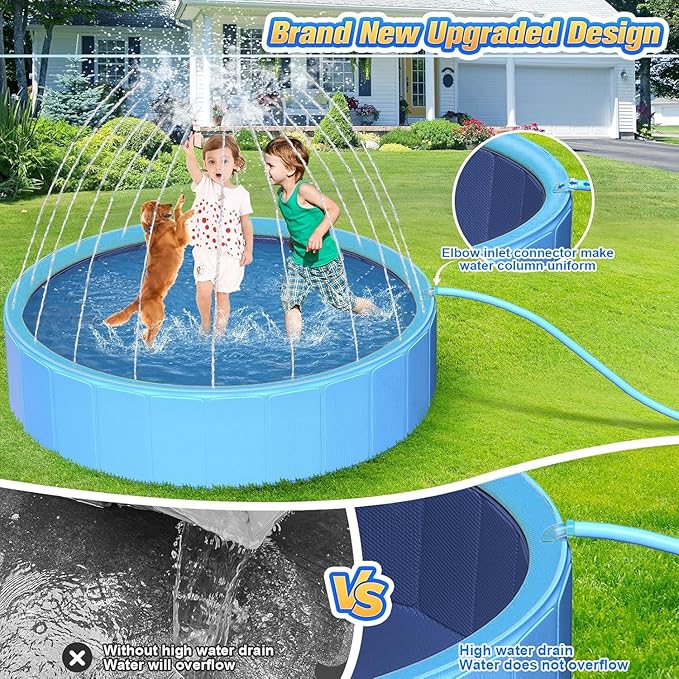 97In Extra Large Anti-Slip Dog Pool with Sprinkler, Sturdy 2-in-1 Foldable Hard Plastic Kiddie/Kids Swimming Pool, Summer Swimming Bath Tub for Kids/Large Dogs/Pets