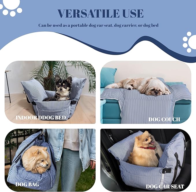 Versatile Dog Booster Car Seat Bed for Small Dogs Puppy Cats Pet Carrier with Side Pockets, Expandable Dog Bed for Auto, Blue Stripes