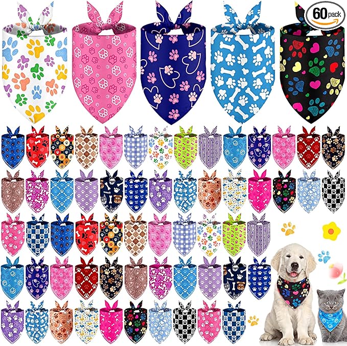 Sanwuta 60 Pcs Holiday Dog Bandanas Bulk Paw Prints Funny Dog Bandanas Adjustable Dogs Bibs Triangle Scarf Pet Costume Cute for Small to Large Pet(Paw Prints, Medium)