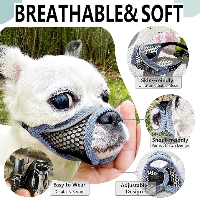 Dog Muzzle, Soft Mesh Muzzles for Small Dogs, Chihuahua Shih Tzu Yorkie Pom, Short Snout Mouth Guard for Barking Biting Grooming, Breathable Adjustable Puppy Muzzle (Silver-Blue, XS)