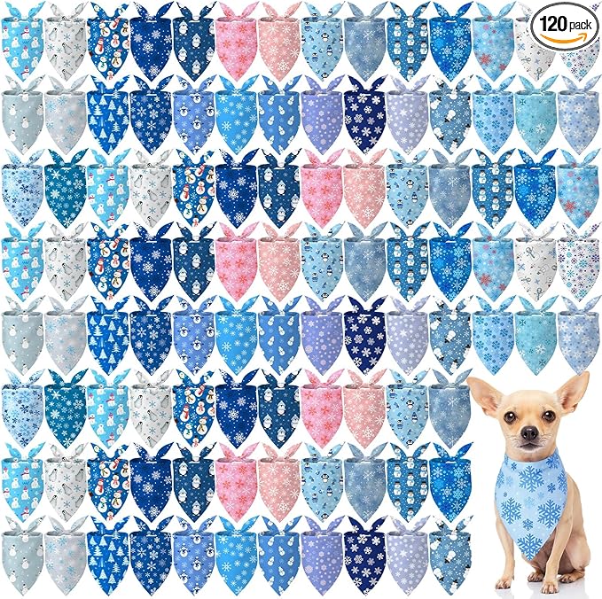 Chunful 120 Pcs Winter Bandanas for Dogs Bulk Charm Blue Bandanas Snowflake Patterns Soft Bibs Adjustable Triangle Doggie Cats Scarf for Small Medium Large Pet Winter Costume 25.6 x 17.7 x 17.7 Inch