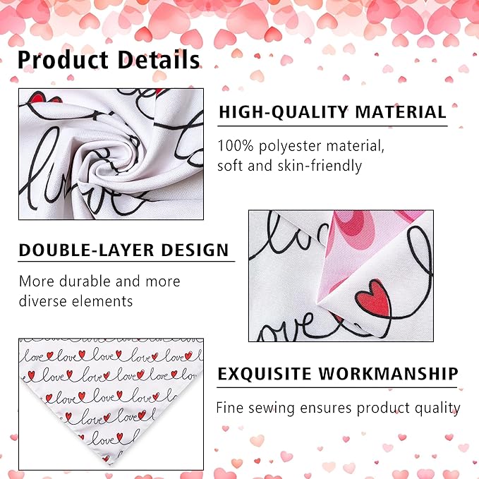 Valentine's Day Dog Bandana Reversible 2 Pack, Valentine Day Pet Bandanas for Dogs Love Heart Adjustable Triangle Holiday Scarves for Medium Large Extra Large Boy Girl Dogs