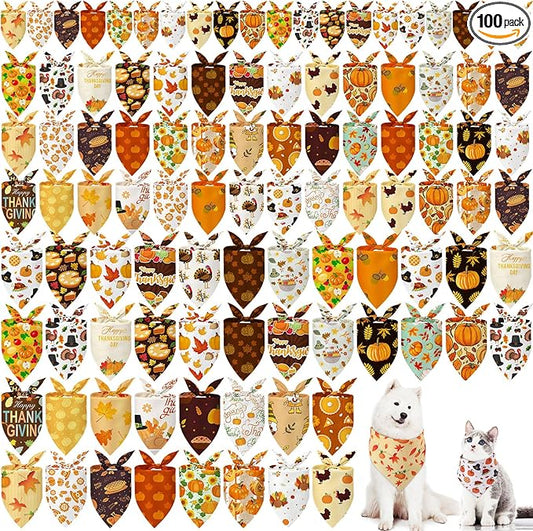 Huhumy 100 Pcs Thanksgiving Fall Dog Bandanas Bulk 3 Sizes Dog Washable Bandana Adjustable Washable Autumn Scarf for Thanksgiving Holiday Small Medium Large Pet Supplies