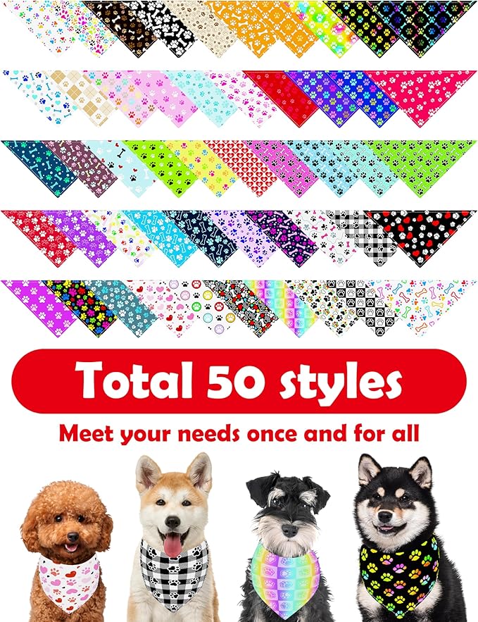PET SHOW 50 Pack Big Extra Large Dog Bandanas Bulk XL Washable Paw Pattern Triangle Bibs Dogs Girl Boy Kerchief Set Pet Scarves Grooming Accessories