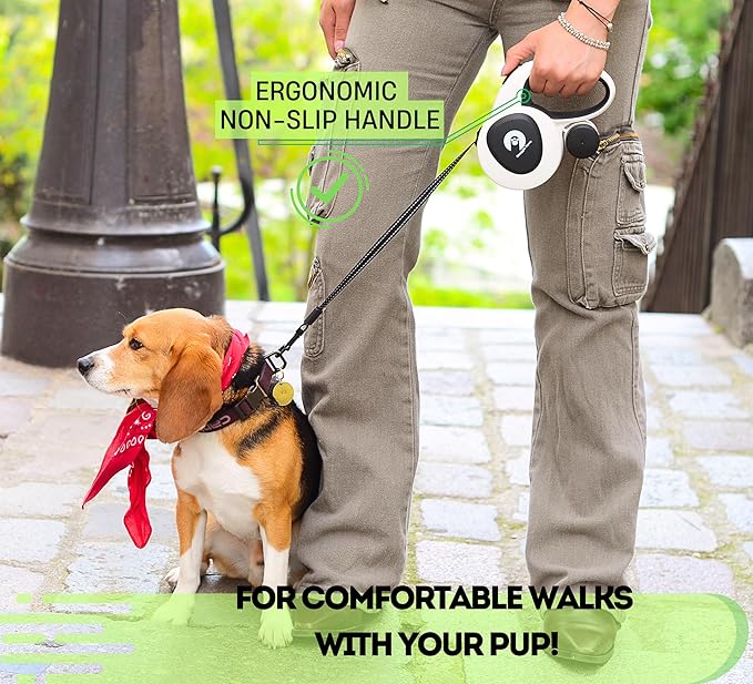 Snuggle Paws Retractable Dog Leash 16ft – Heavy Duty All-in-One Dog Leash with LED Flashlight, Poop Bag Holder, Chew Proof Steel Cable & Reflective Tape – Size M