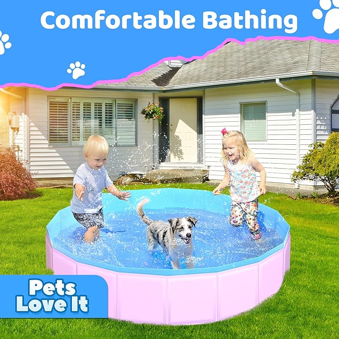 CACSPS 2025 Updated Foldable Dog Pool, 79" x 12" Kiddie Pool with Hard Plastic, Non-Slip Dog Bath Tub for Outdoor Backyard, Collapsible Dog Swimming Pool for Kids Dogs Pets (Pink)