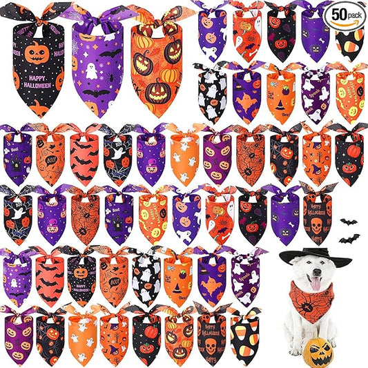 Abbylike 50 Pcs Halloween Dog Bandanas Bulk Pumpkin Bandanas for Dogs Triangle Kerchief Bibs Scarf Set for Pet Halloween Costume Photo Props Accessories Pet Shops, 25 Styles (25.6 x 17.7 x 17.7")